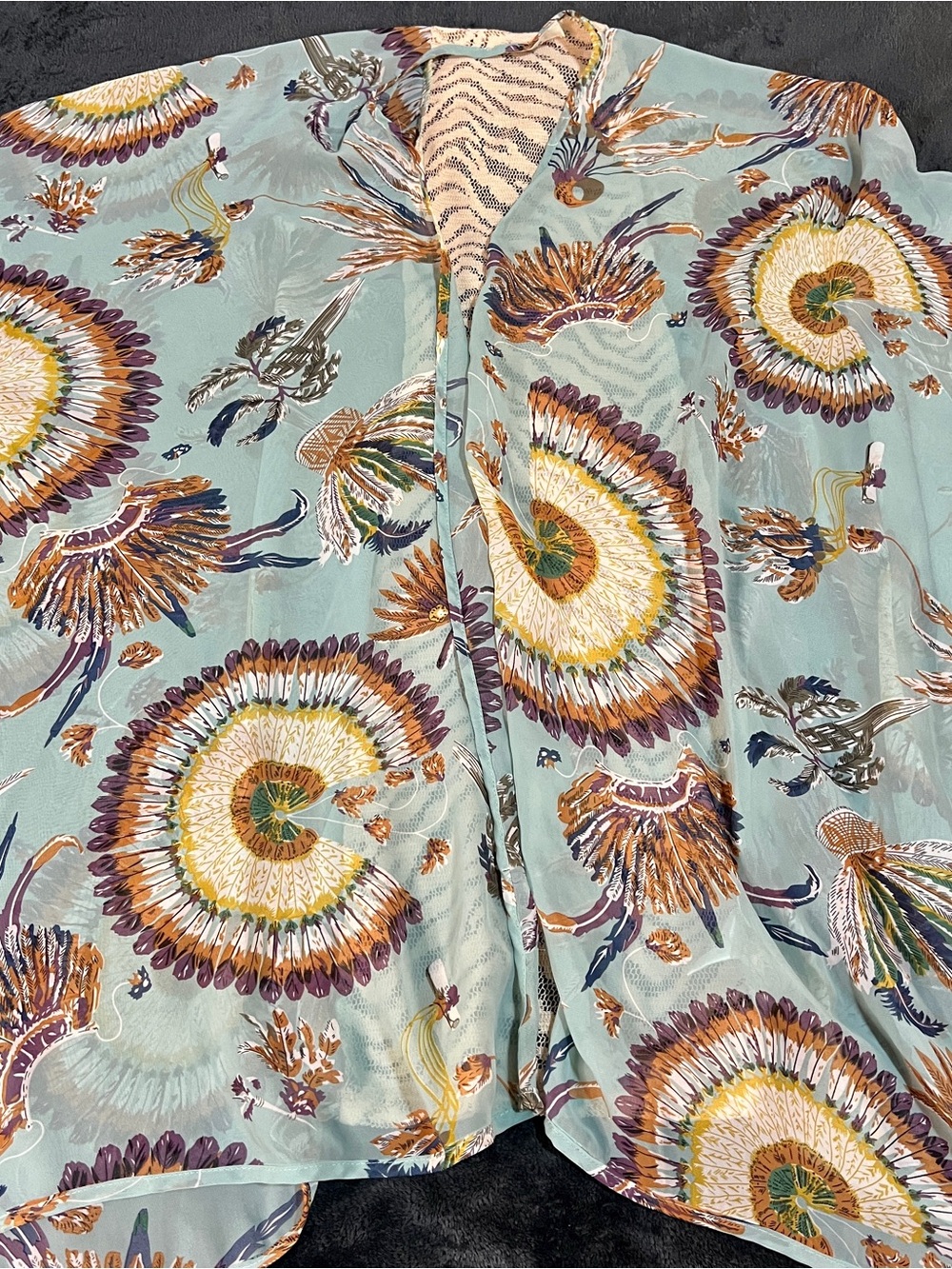 Umgee Wms Teal Feather Print Sheer Crochet Kimono Boho Festival Open Top‎ M/L - Picture 7 of 9